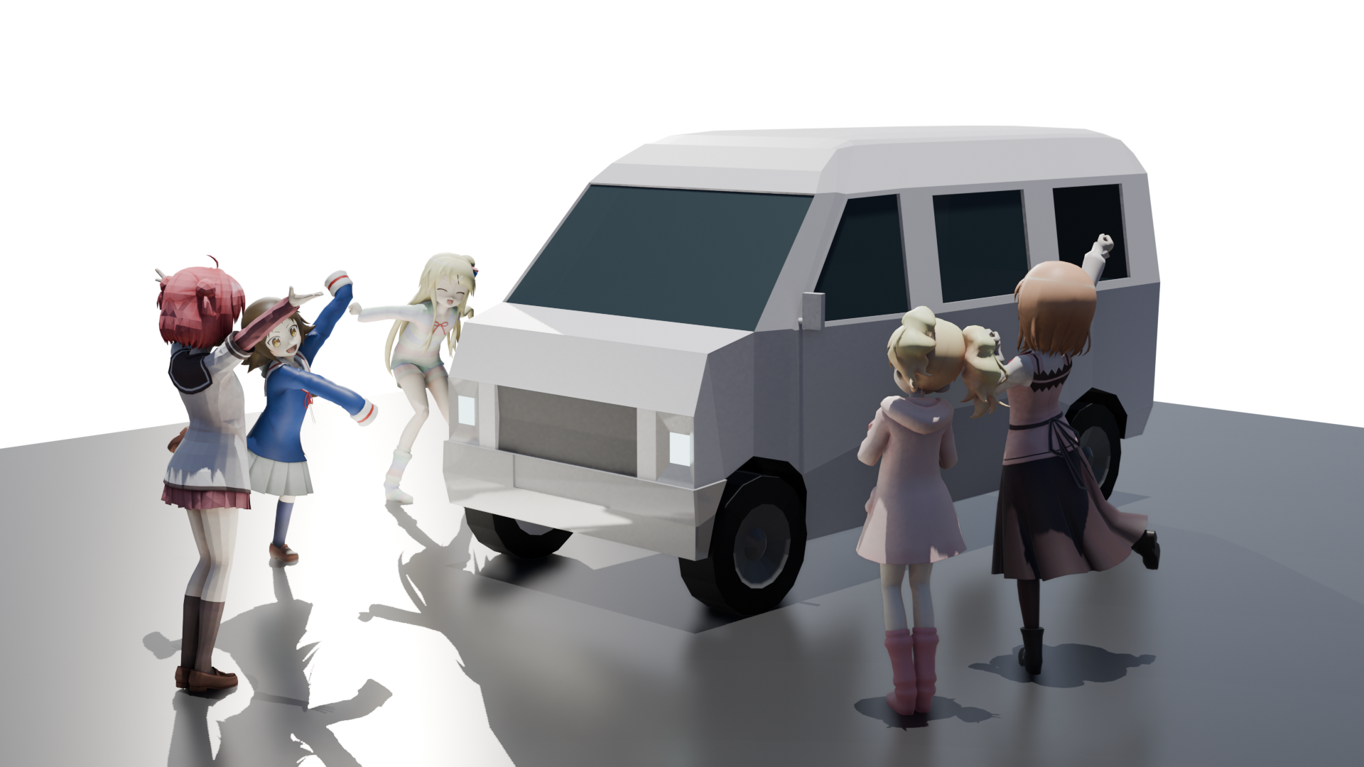 Render of low poly white van surrounded by anime girls lmao